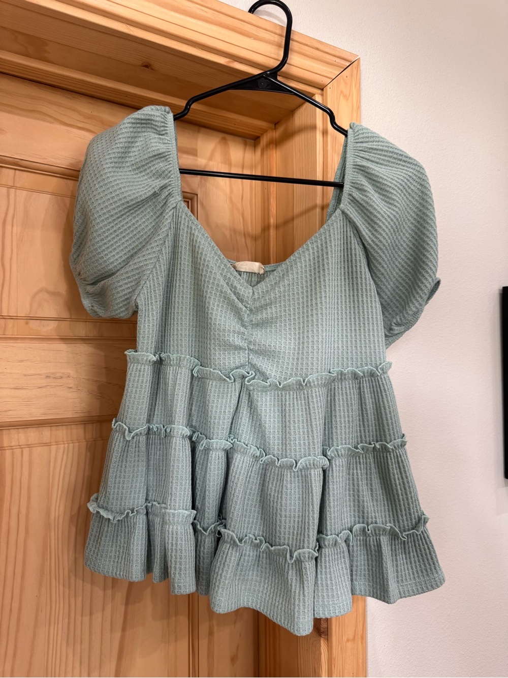 Altar'd State Sage Green Waffle Knit Puff-Sleeve Peplum Top